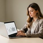 Jeune diplômée consultant sur un ordinateur portable affichant des graphiques visuels sans texte, dans un bureau sobre et moderne.