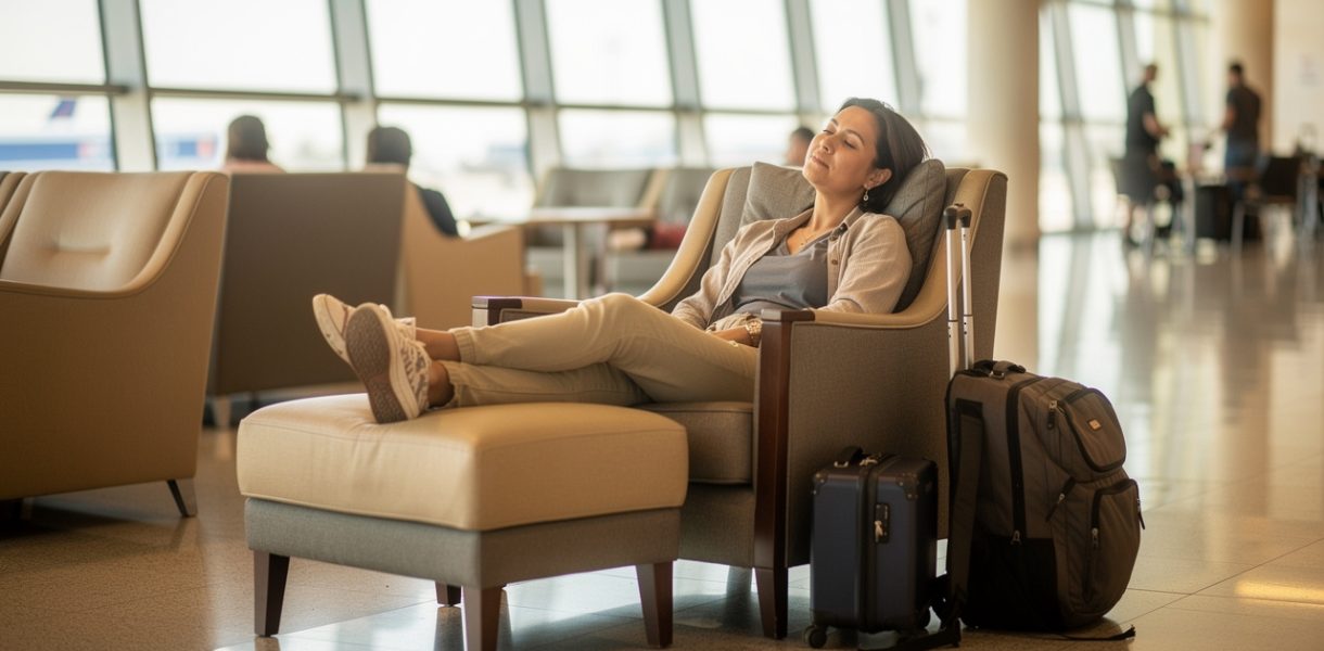 Une voyageuse assise dans un salon lumineux après un long vol, les jambes légèrement surélevées sur un repose-pieds, avec un bagage à ses côtés.