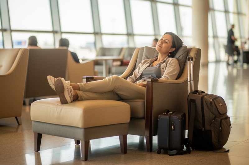 Une voyageuse assise dans un salon lumineux après un long vol, les jambes légèrement surélevées sur un repose-pieds, avec un bagage à ses côtés.